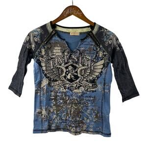 Skinny Minnie Top 3/4 Sleeve Rhinestones Vintage Medium